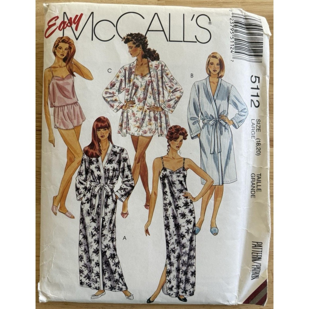 McCalls Pattern 5112 Misses Sleepwear Robe Nightgown Tunic Camisole Shorts 18-20